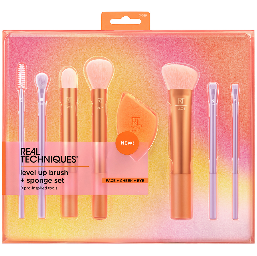 Real Techniques makeup brush and sponge set packaging with gradient background