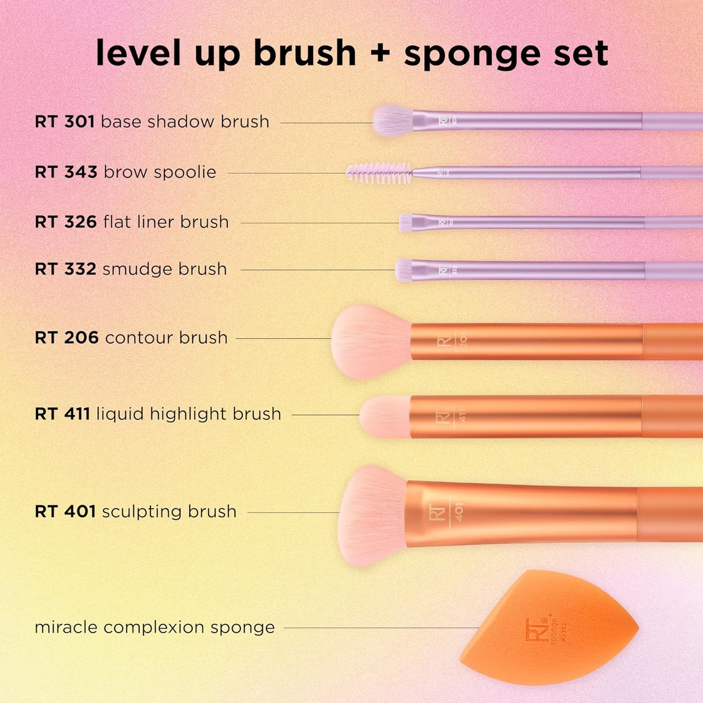 Makeup brush and sponge set with labels on a gradient background
