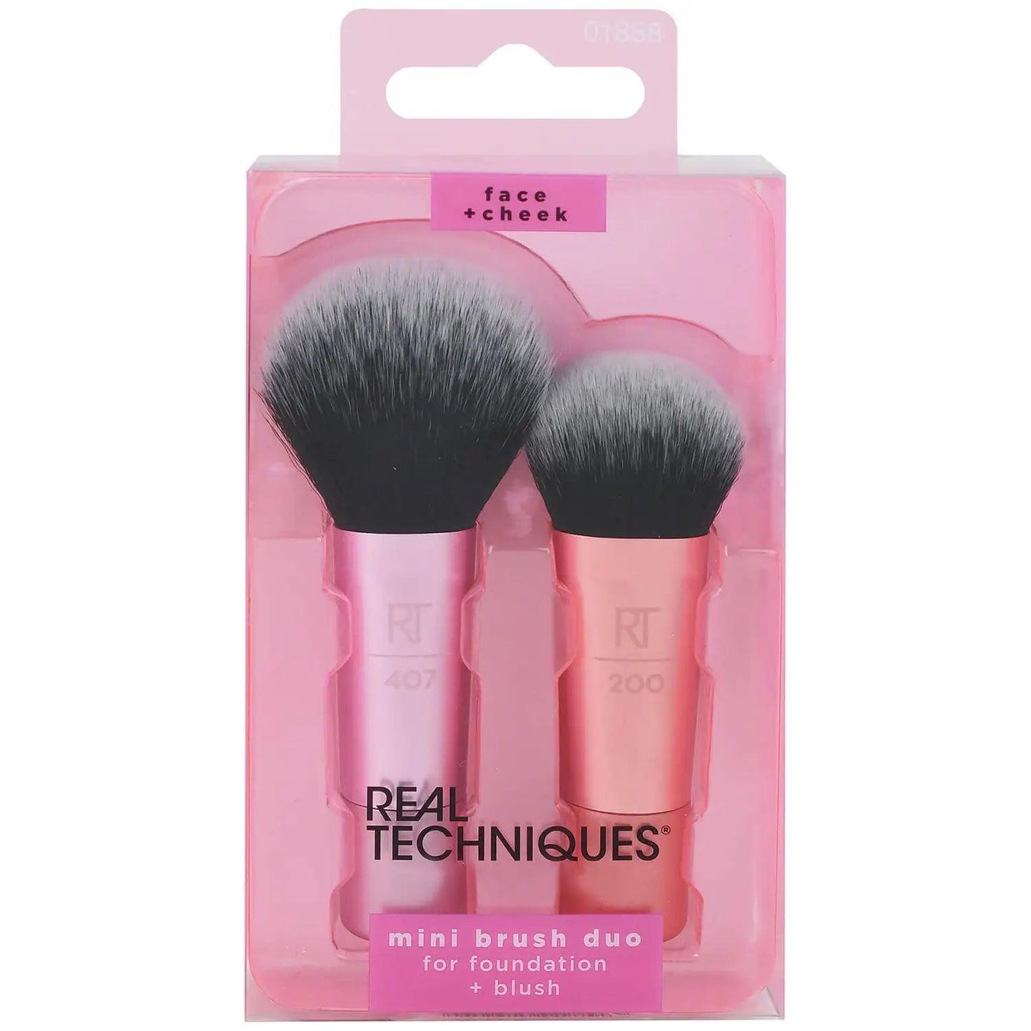 Real Techniques Mini Brush Duo for flawless blush and foundation application, featuring ultra-plush, cruelty-free synthetic bristles.