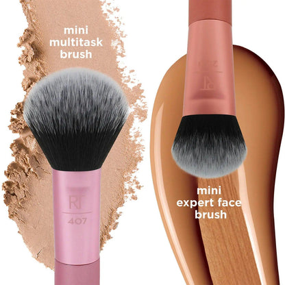 Real Techniques Mini Brush Duo featuring multitask and expert face brushes for flawless foundation and blush application.