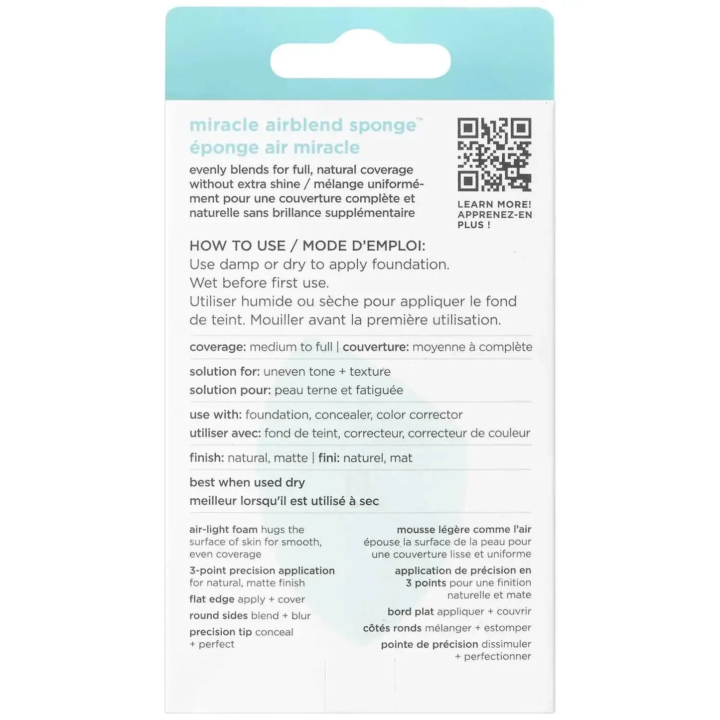 Miracle Airblend Sponge packaging details, featuring instructions for use with foundation and recommended techniques.