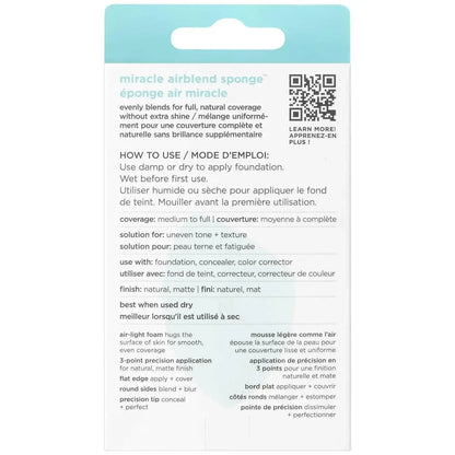 Miracle Airblend Sponge packaging details, featuring instructions for use with foundation and recommended techniques.