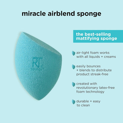 Teal makeup sponge with brand logo on a light blue background, featuring text about the sponge's features.