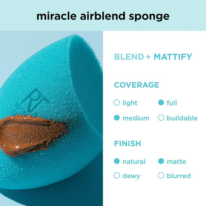 Blue makeup sponge with brown cosmetic product on a light blue background, featuring text and options for coverage and finish.