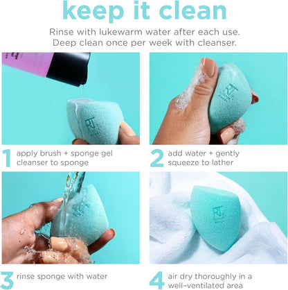 Instructions for cleaning a blue makeup sponge with text on a teal background