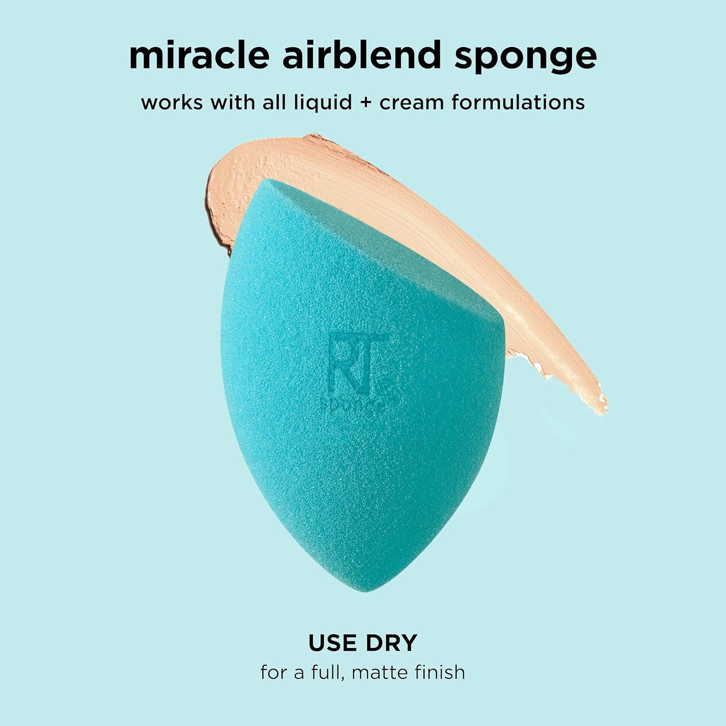 Blue makeup sponge with beige stroke on a light blue background, featuring the brand logo.