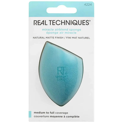 Real Techniques Miracle Airblend Sponge in packaging, crafted for seamless medium-to-full coverage makeup application.