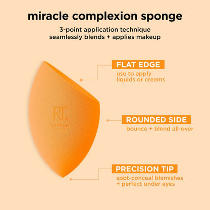 Real Techniques Orange makeup sponge with labeled features on a beige background