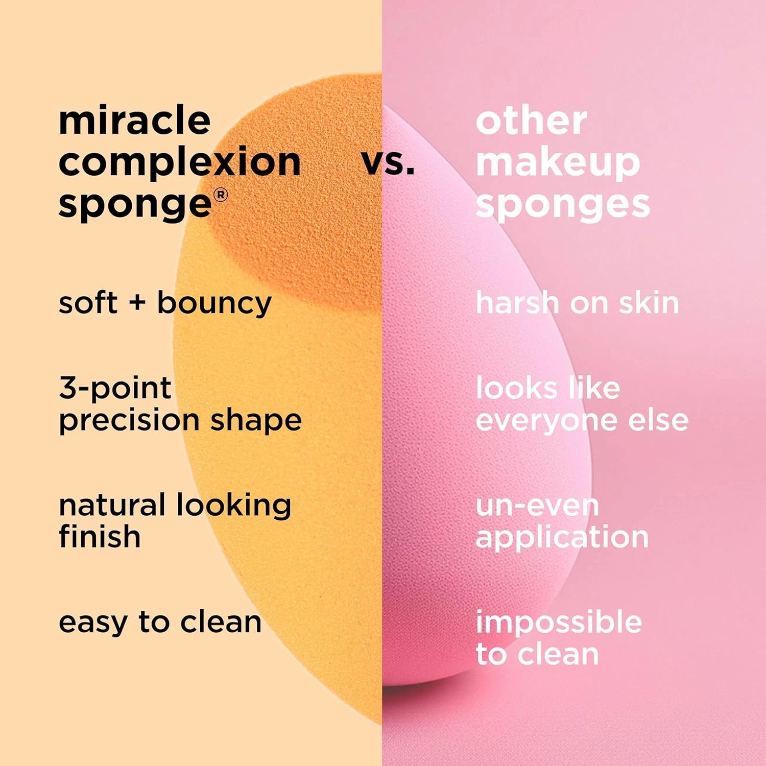 Real Techniques Comparison chart of 'miracle complexion sponge' vs. 'other makeup sponges' with text and sponge illustrations.