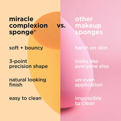 Comparison chart of 'miracle complexion sponge' vs. 'other makeup sponges' on a pink and beige background.
