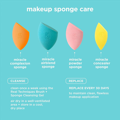 Four colorful makeup sponges with cleaning and replacement instructions on a blue background.