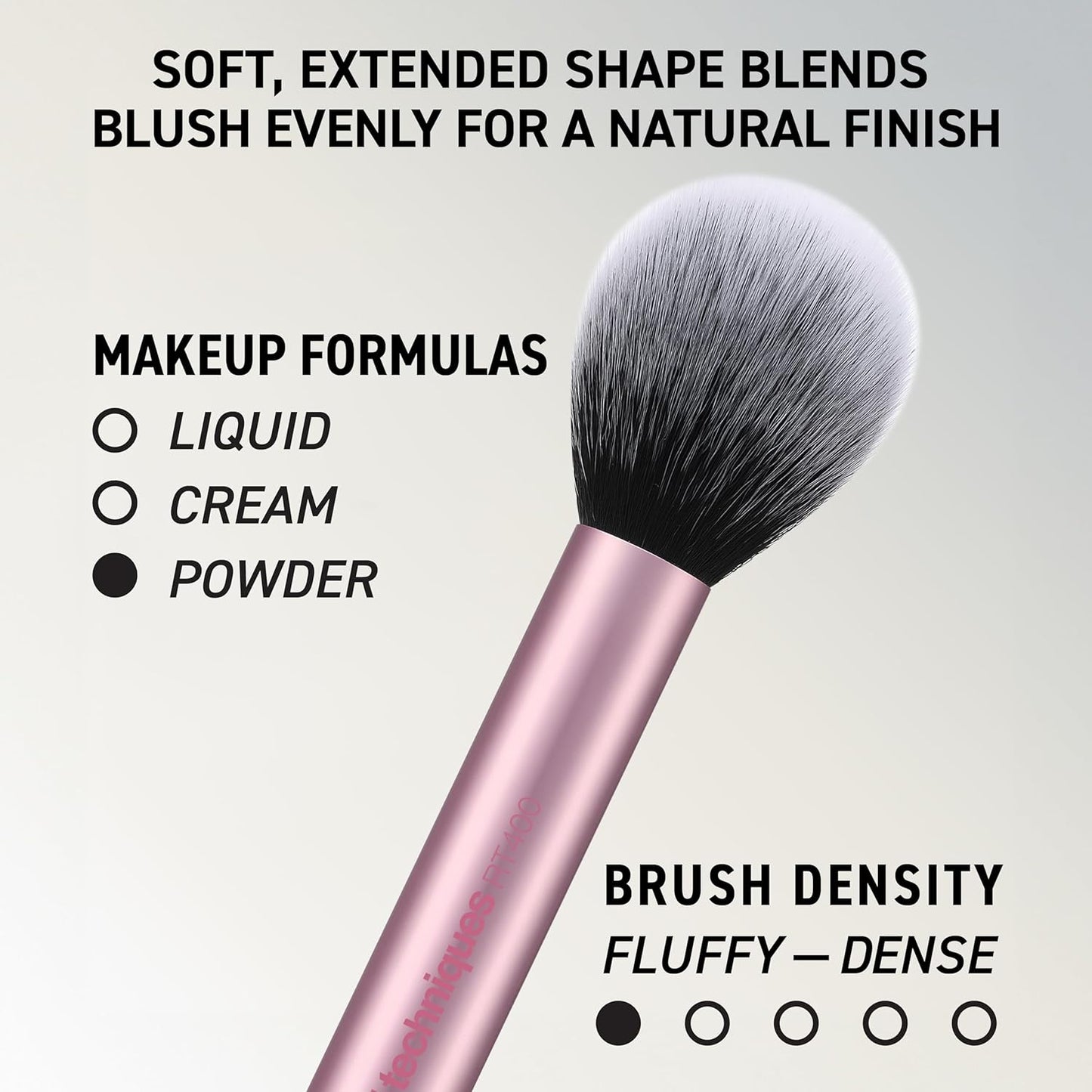 Real Techniques Makeup brush with text about makeup formulas and brush density on a light gray background