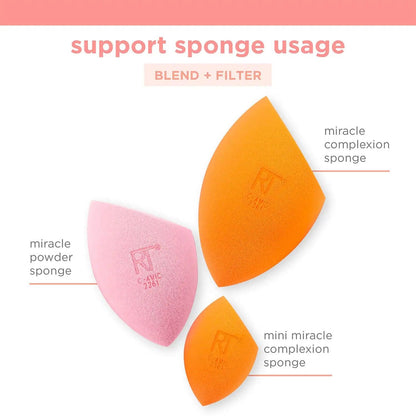Real Techniques Ultimate Sponge Trio showing miracle complexion, midi, and mini sponges for flawless makeup blending.
