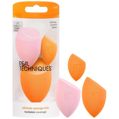 Real Techniques makeup sponges with packaging on a white background