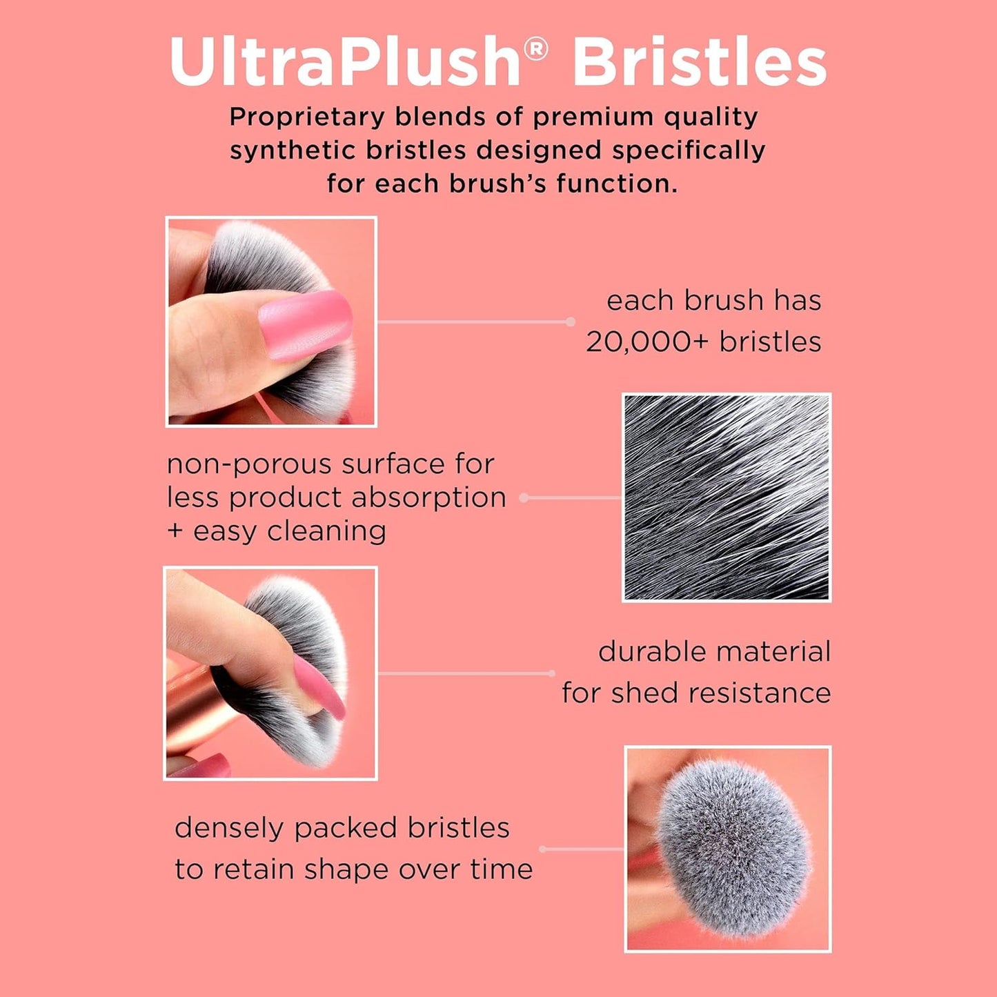 Real Techniques Advertisement for UltraPlush bristles with text and images on a pink background