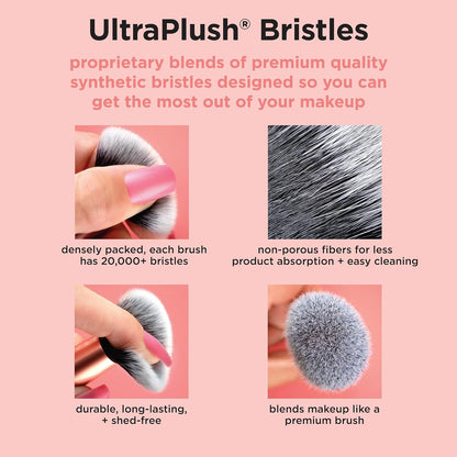 Advertisement for UltraPlush bristles with text and images on a pink background