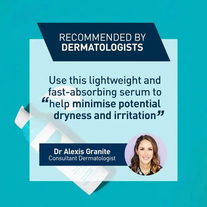 CeraVe serum recommended by dermatologists to minimize dryness and irritation, featuring Dr. Alexis Granite's quote.