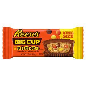 Reese's Big Cup with Pieces Candy 79g packaging featuring chocolate and peanut butter cups.