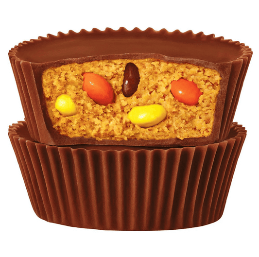 Reese's Big Cup with Pieces Candy showing chocolate exterior and filled with peanut butter and colorful Reese's Pieces.