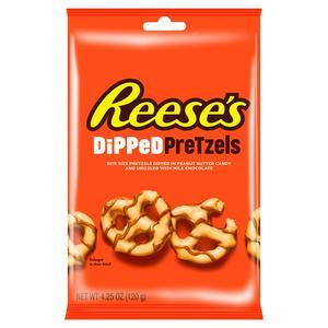 Reese's Dipped Pretzels 120g pack featuring pretzels dipped in peanut butter and drizzled with milk chocolate.