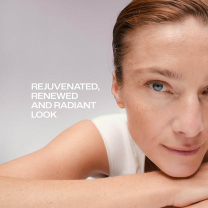 Woman with a rejuvenated, renewed, and radiant look Lumene on a gray background