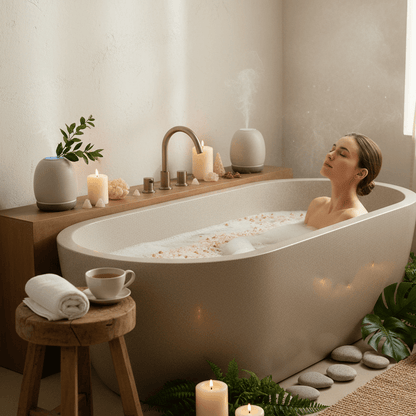 Westlab Epsom Himalayan Salts with Frankincense Bergamot with a person in bath tub relaxing in a mindful experience environment. square image please 