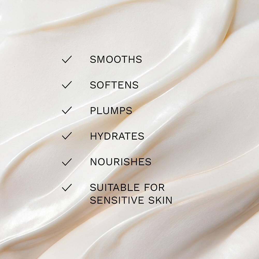 Close-up of Ren smooth, flowing cream with text highlighting its benefits on a white background.