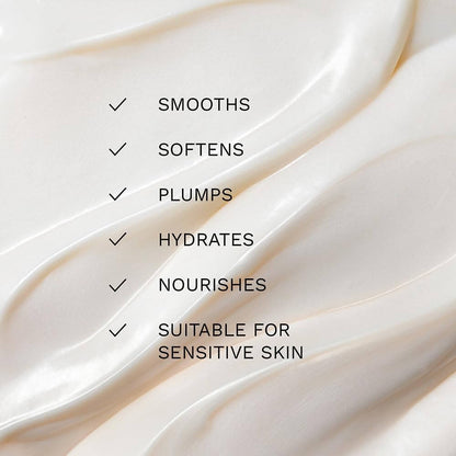 Close-up of Ren smooth, flowing cream with text highlighting its benefits on a white background.