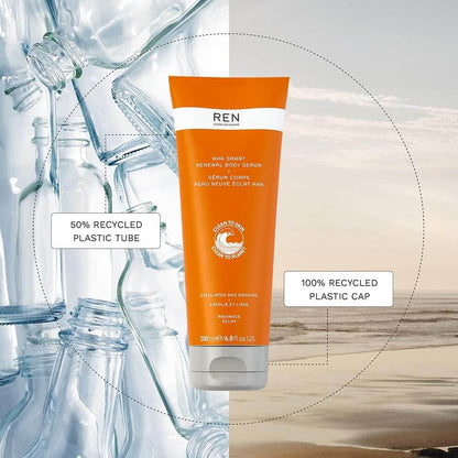 Orange REN skincare tube with recycled plastic information on a neutral background
