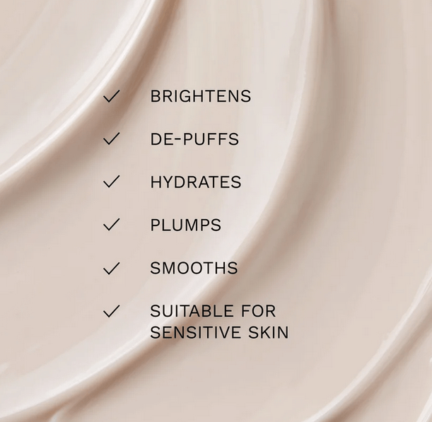 List of benefits for Ren Clean Skincare Brightening Dark Circle Eye Cream: brightens, de-puffs, hydrates, plumps, smooths, suitable for sensitive skin.