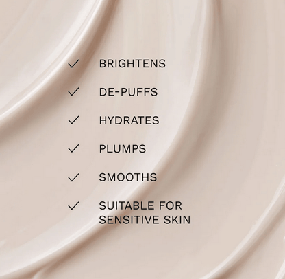 List of benefits for Ren Clean Skincare Brightening Dark Circle Eye Cream: brightens, de-puffs, hydrates, plumps, smooths, suitable for sensitive skin.