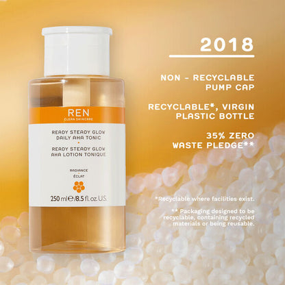 Ren skincare bottle with environmental information on a yellow background