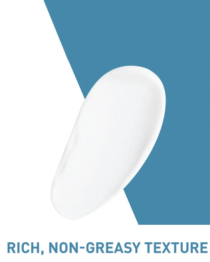 White cosmetic applicator on a blue and white background with text 'Rich, Non-Greasy Texture'.
