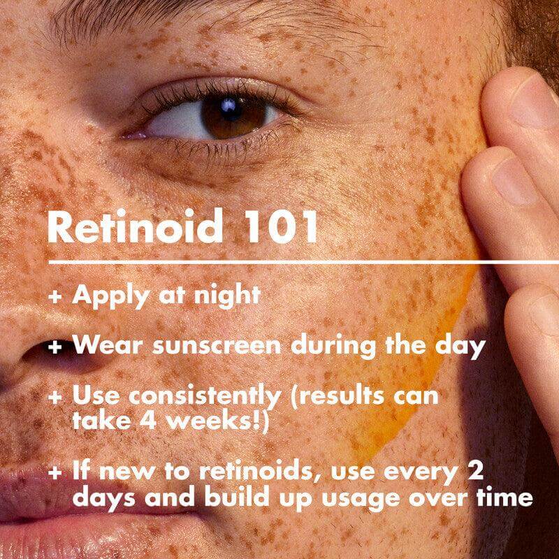 Retinoid 101 guide featuring tips for effective use, including application at night, sunscreen advice, and consistency for results.