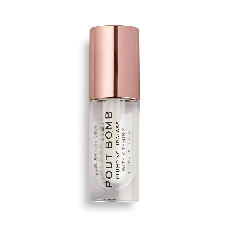 Makeup Revolution Lip gloss bottle with rose gold cap on a white background