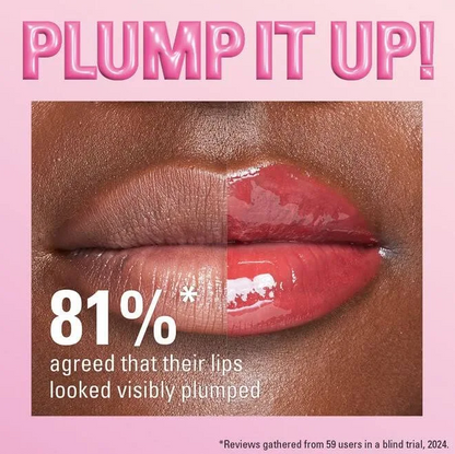 Makeup Revolution Lipstick advertisement with a close-up of lips and text about plumpness on a pink background