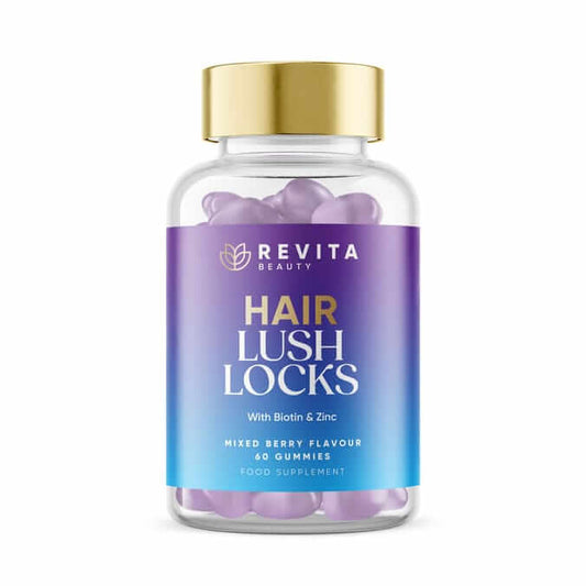 Revita Beauty Hair Lush Locks gummies with biotin and zinc in a clear bottle, mixed berry flavor, 60 count.