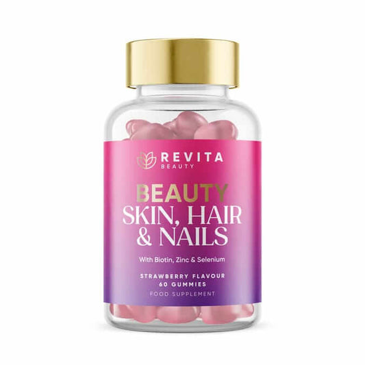 Revita Beauty Hair & Nails gummies bottle with strawberry flavor, enriched with Biotin, Zinc, and Selenium.