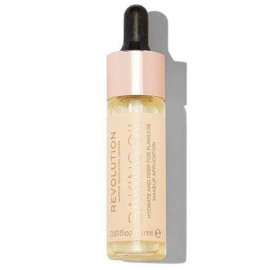 Revolution Baking Oil in a dropper bottle, designed to hydrate and prep skin for flawless makeup application.