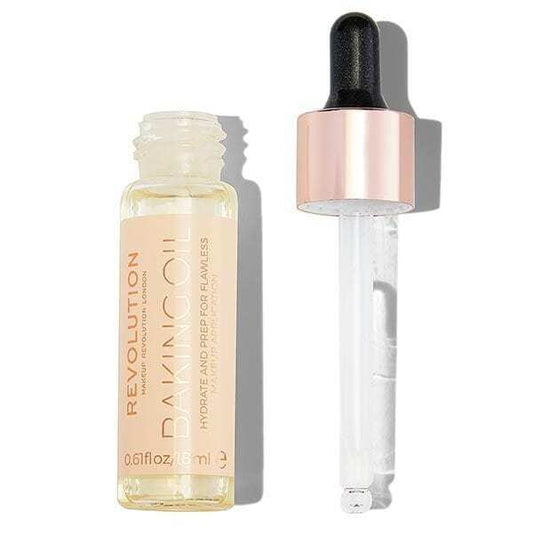Revolution Baking Oil bottle with dropper, a nourishing oil for a radiant makeup base.