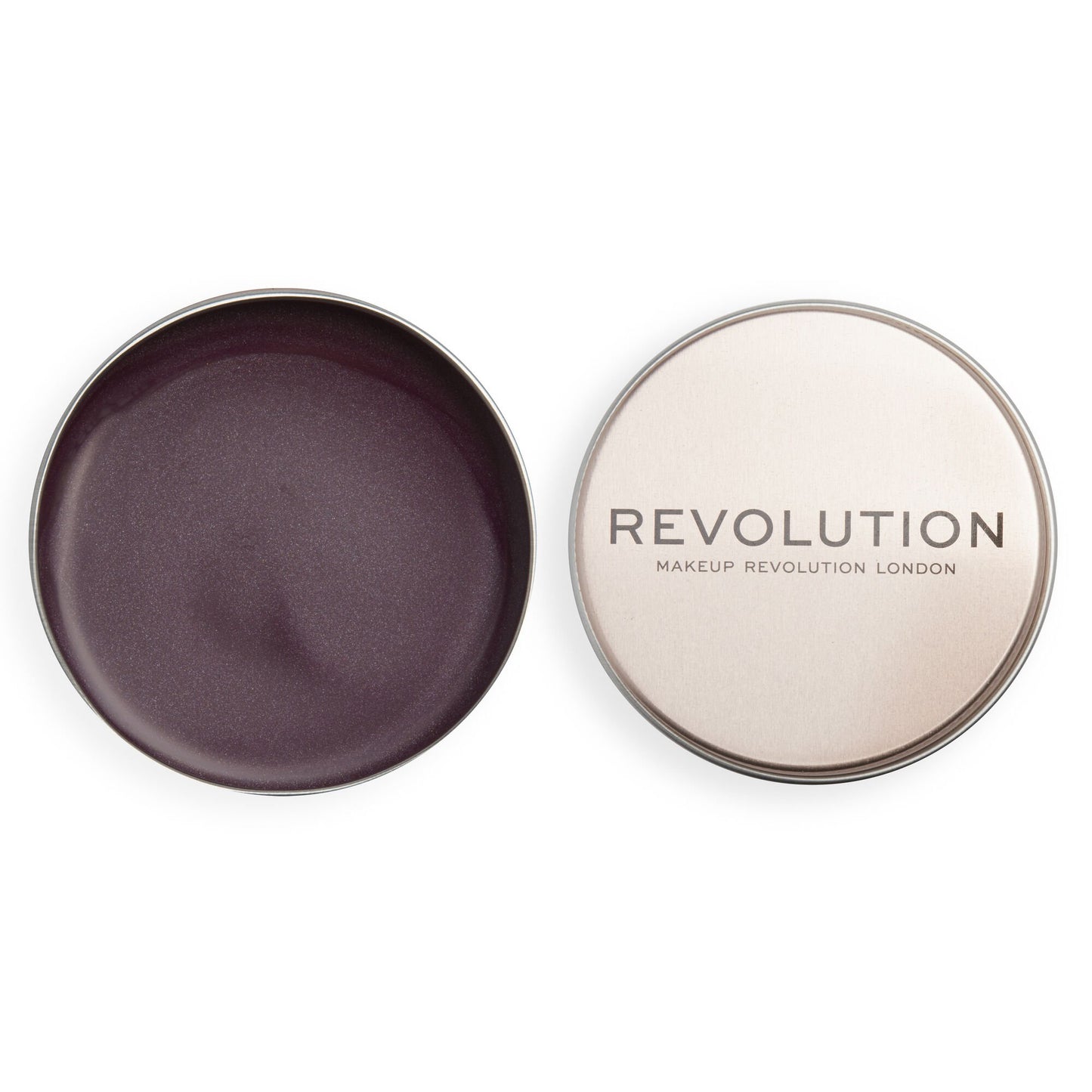 Makeup Revolution product with purple interior and beige exterior on a white background