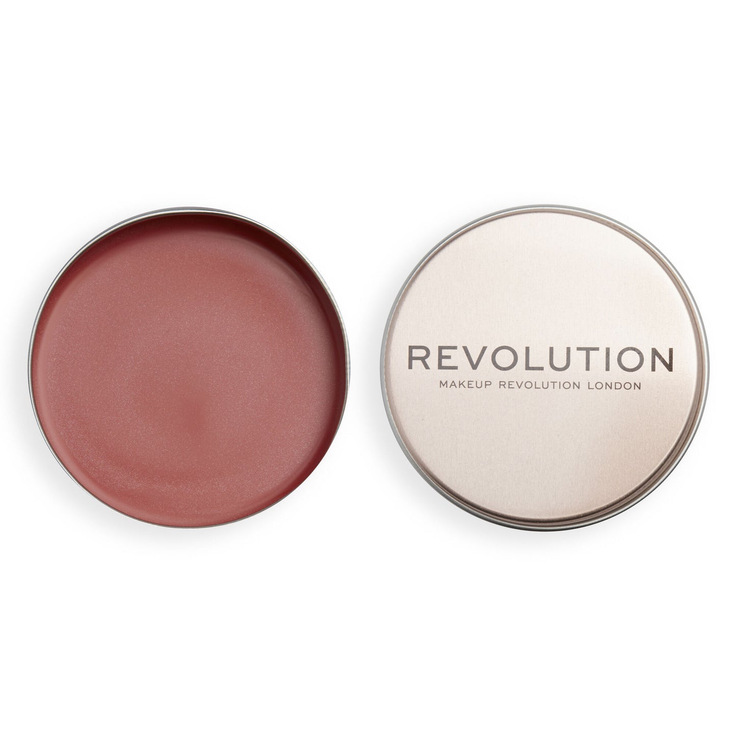 Makeup Revolution lip product with pink shade on a white background
