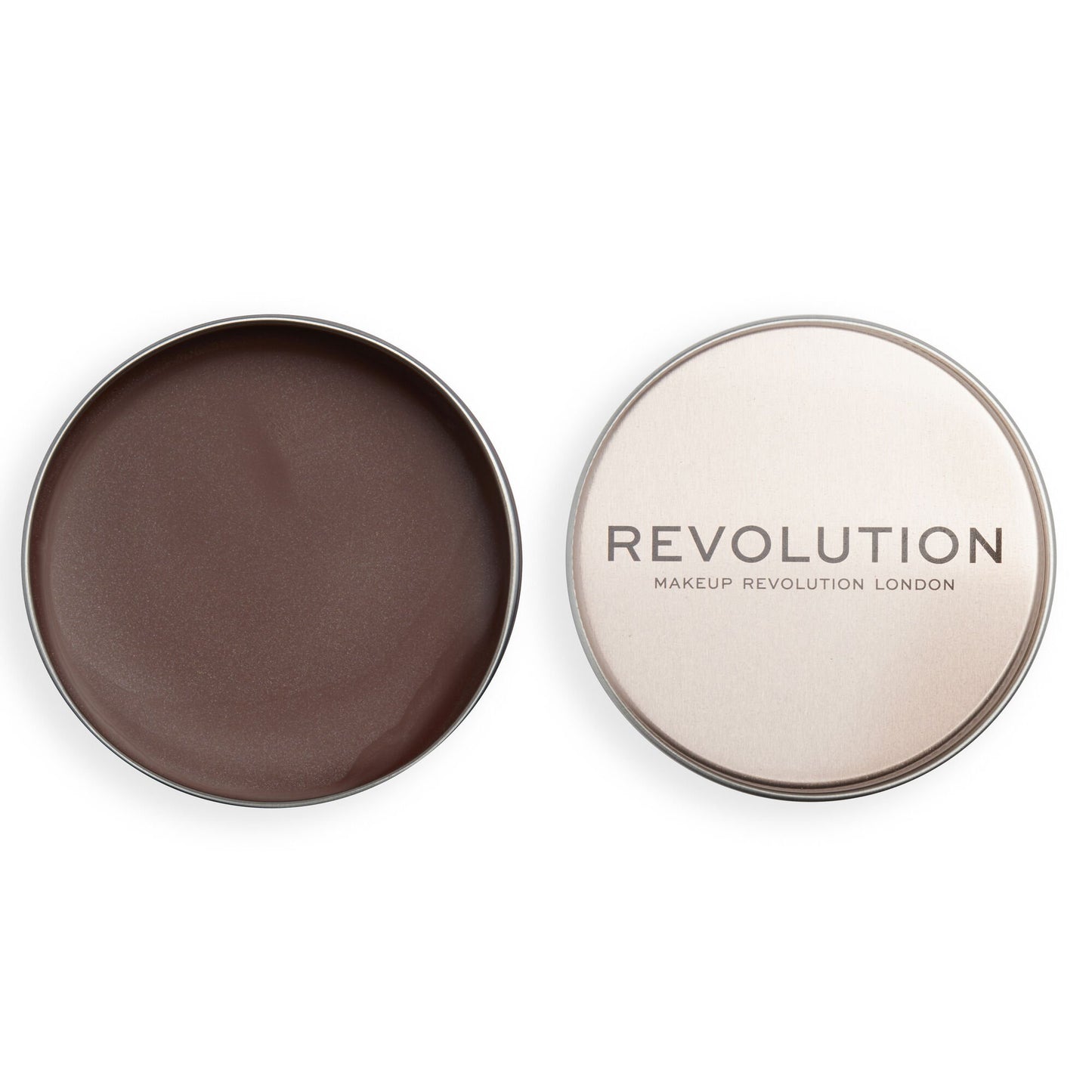 Makeup Revolution product with brown shade on one side and brand name on the other, on a white background.