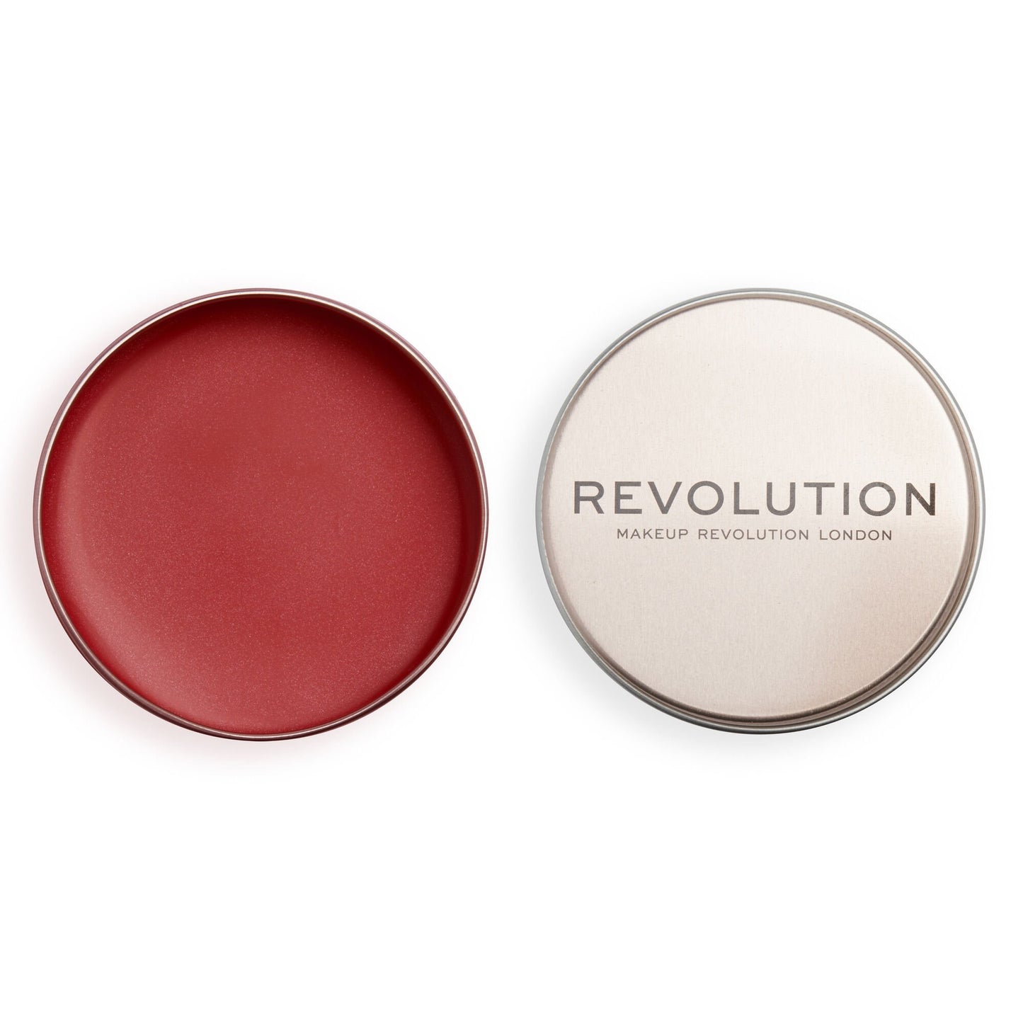 Revolution Lip & Cheek Balm Glow in a sleek round tin open to reveal a creamy red shade for a dewy finish.