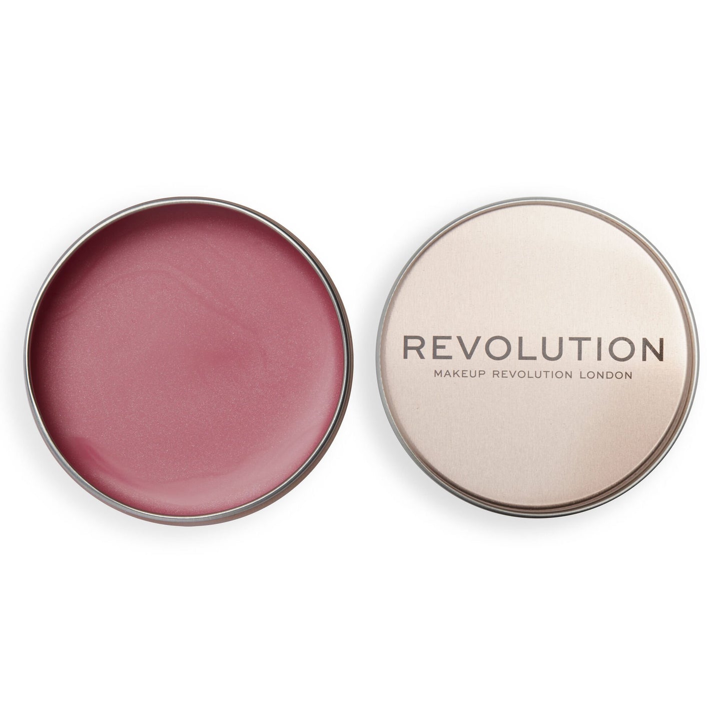 Revolution Lip & Cheek Balm Glow in a metal tin, showcasing a creamy blush for a dewy finish.