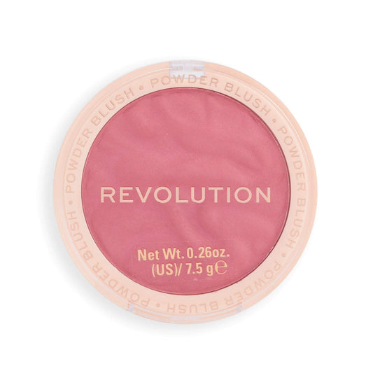 Makeup Revolution Blusher Reloaded Rose Kiss compact blush showcasing a soft rose hue for a sun-kissed glow.