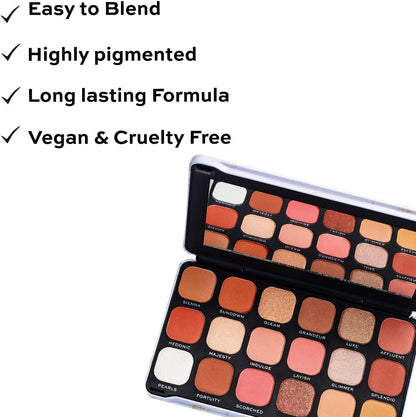 Makeup Revolution palette with color swatches and text highlighting features on a white background