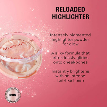 Revolution Highlighter product on a pink background with text about the product's features.