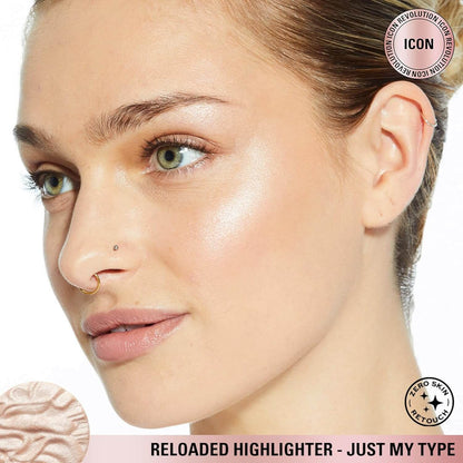 Woman's face with Revolution highlighter applied, featuring a brand logo and product name.