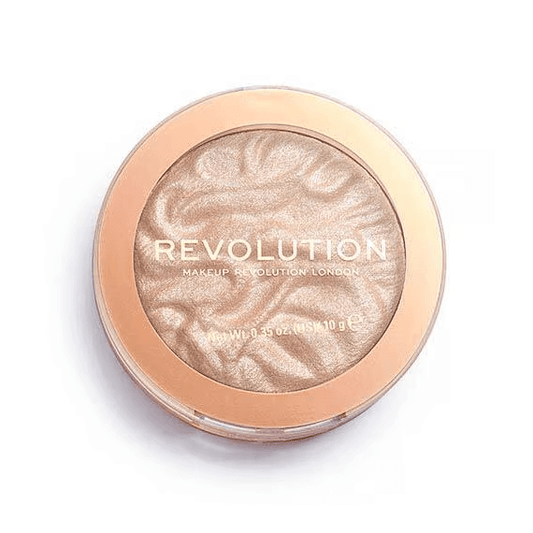 Revolution Hightlighter Reloaded Just My Type in a round compact, featuring a silky pale-gold powder for glowing skin.